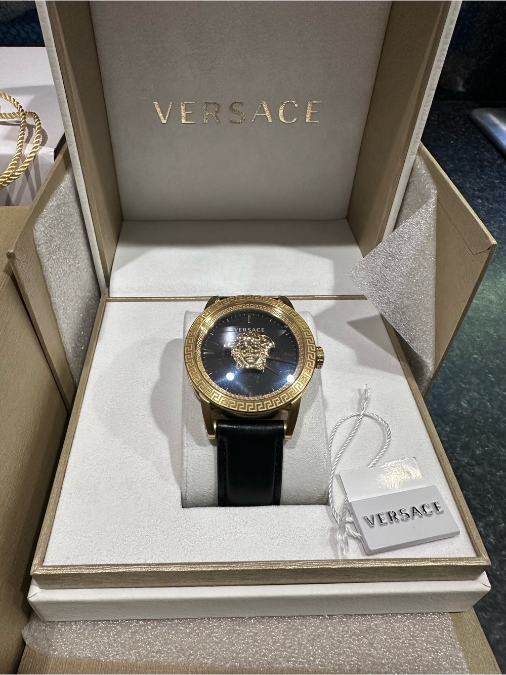 Versace unisex Black Leather Strap Gold Medusa Watch
